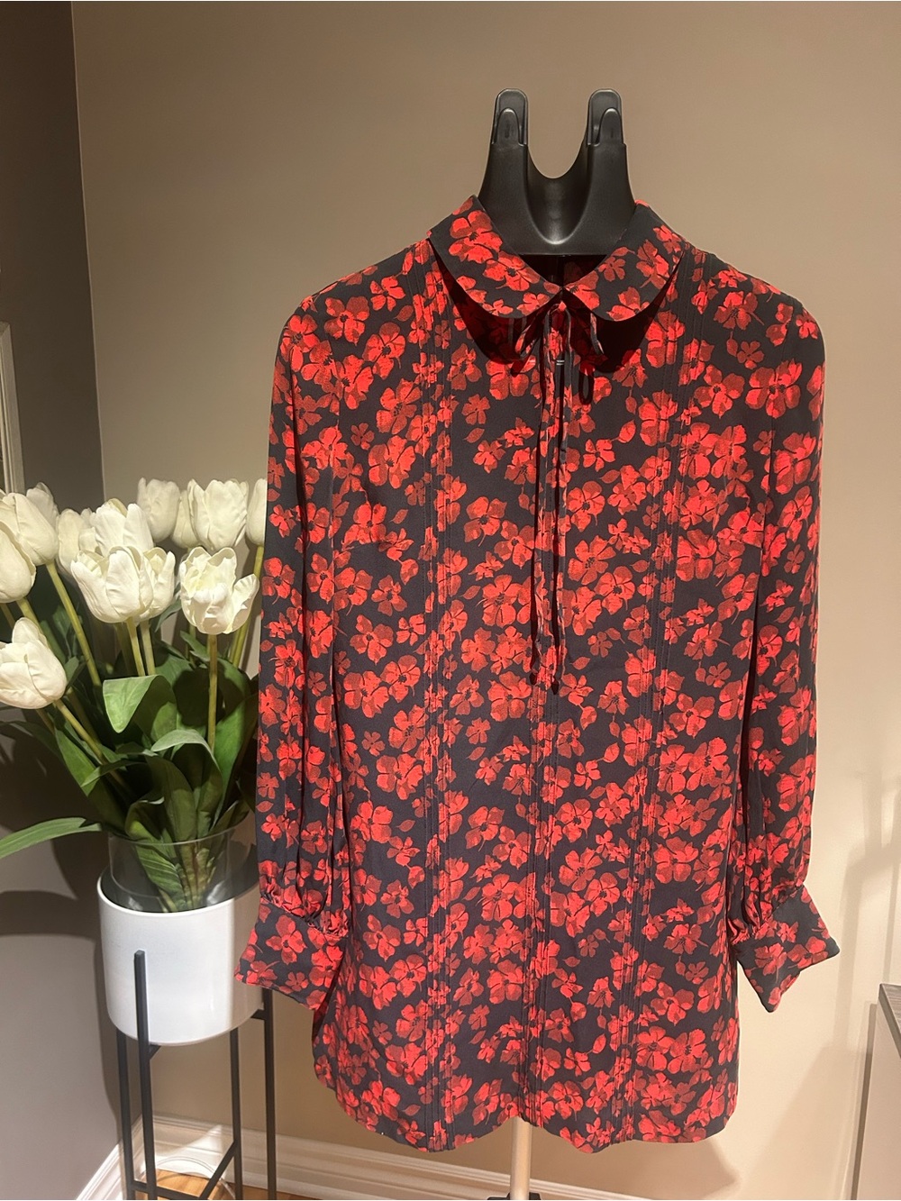 MCQ Alexander McQueen Black Mini Dress with Red Floral Print